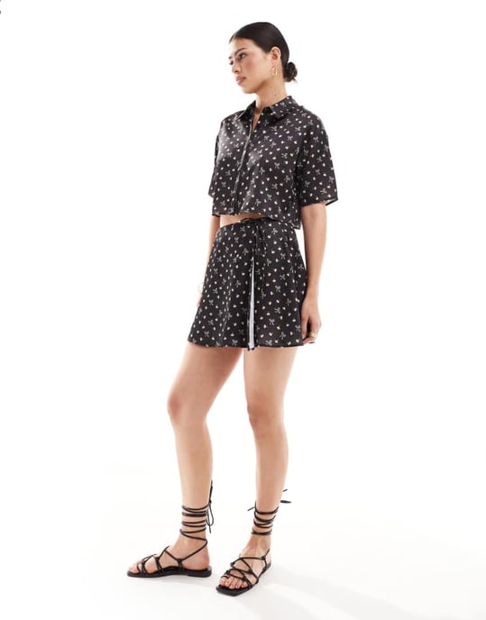 ASOS DESIGN satin wrap co-ord mini skirt in bow print - Image 2