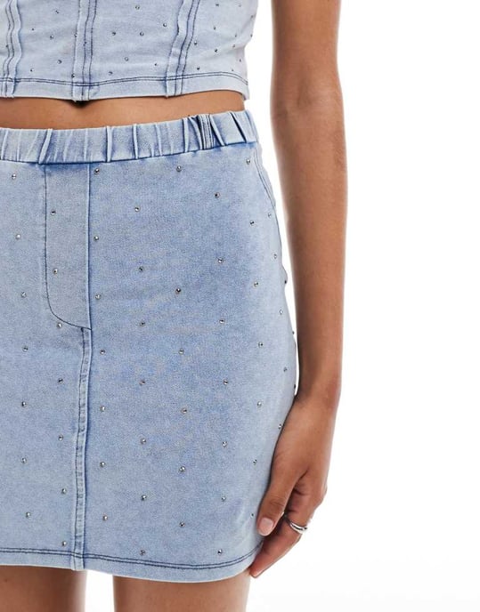 ASOS DESIGN co-ord denim look mini skirt with hotfix in blue - Image 3