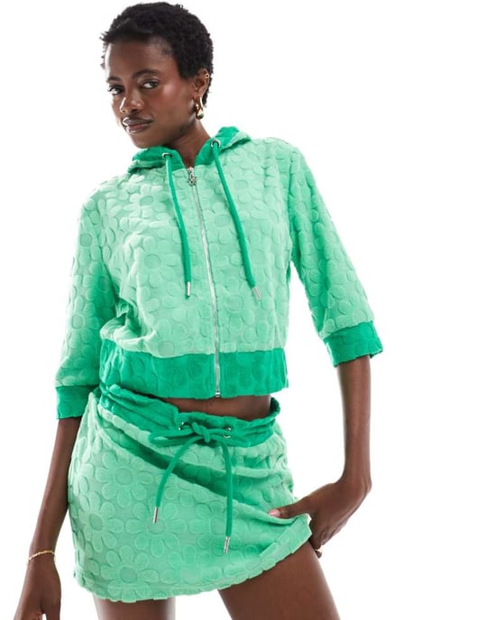 Labelrail x Olivia Grace Herring floral embossed towelling mini skirt in green - Image 2