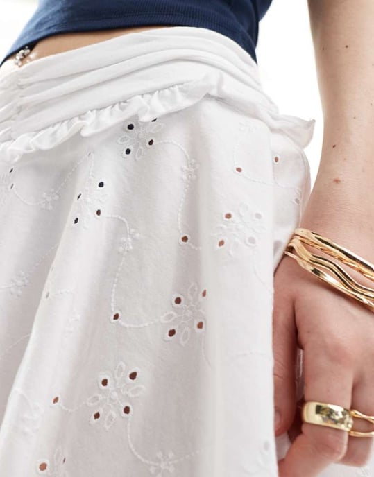 ASOS DESIGN high low hem broderie rara skirt in white - Image 2