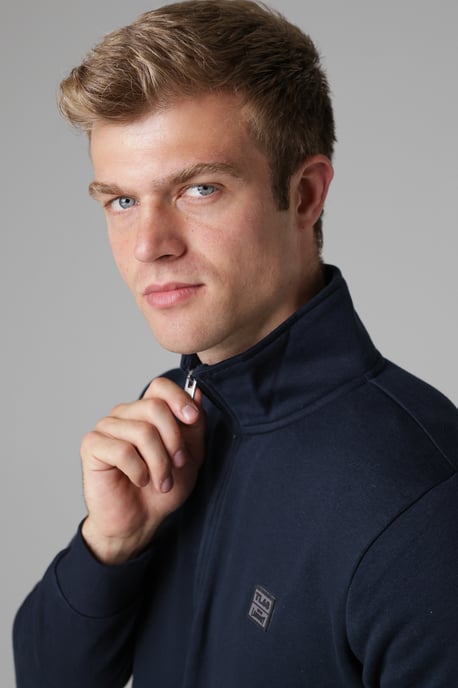 Dark Navy Cotton Blend Quarter Zip Sweatshirt - Image 4