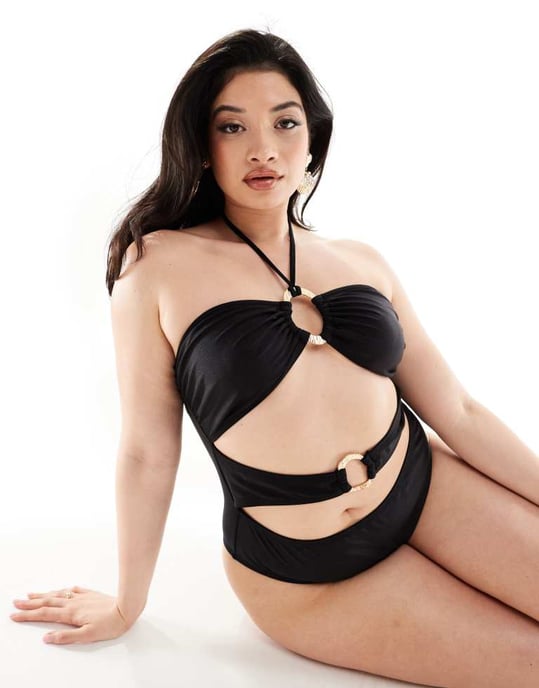 South Beach Curve gold buckle cut out front halter swimsuit in black - Image 2