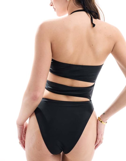 Kaiia exclusive halterneck cut out corsage detail swimsuit in black - Image 3