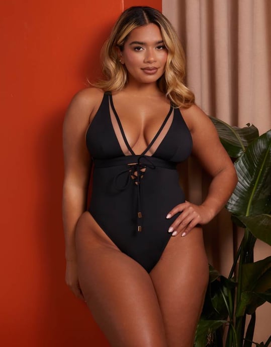 Wolf & Whistle X Natalie Gessey Fuller Bust plunge swimsuit in black with mesh and tie details - Image 1