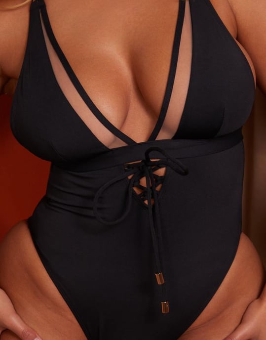 Wolf & Whistle X Natalie Gessey Fuller Bust plunge swimsuit in black with mesh and tie details - Image 3