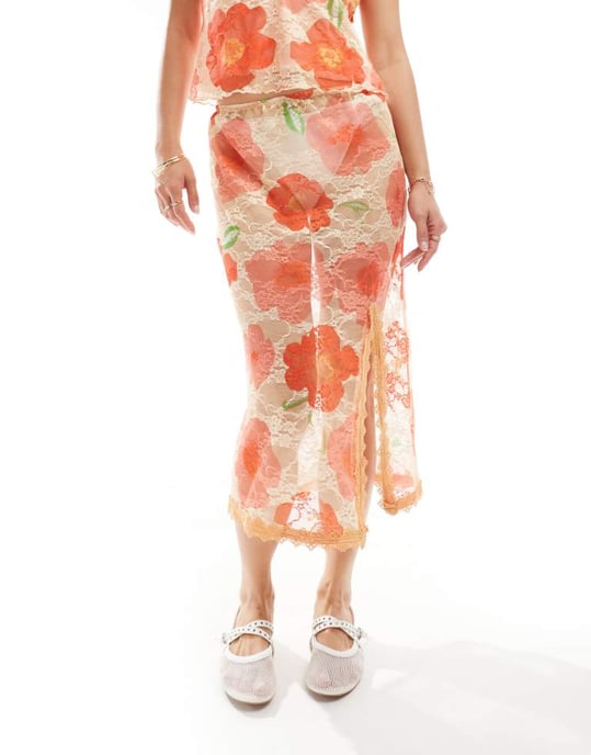 Labelrail x Olivia Grace Herring floral lace edged mesh midi skirt co-ord in multi - Image 4