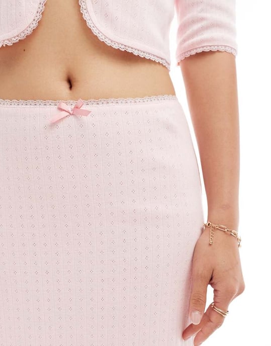 Labelrail x Olivia Grace Herring bow detail pointelle midi skirt co-ord in pink - Image 3