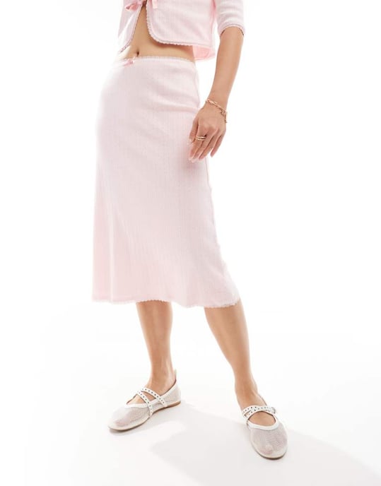 Labelrail x Olivia Grace Herring bow detail pointelle midi skirt co-ord in pink - Image 4