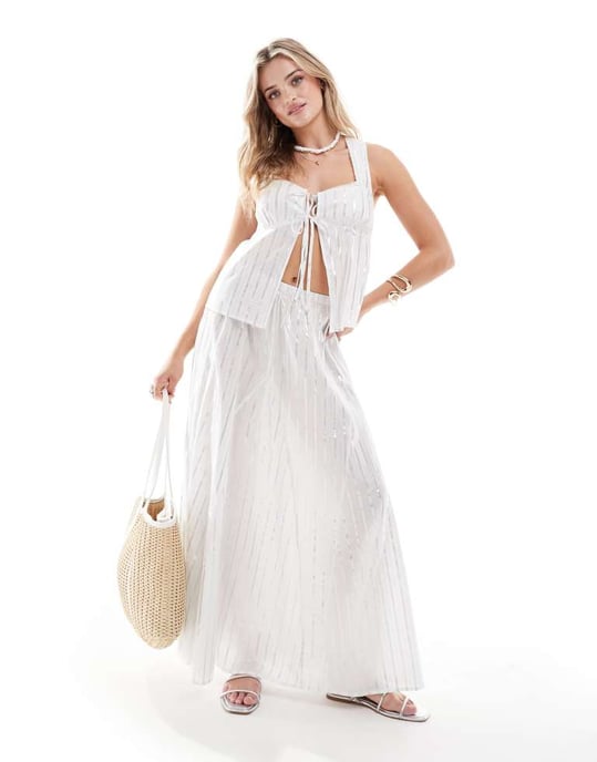 ASOS DESIGN cross back cami top co-ord in white metallic stripe - Image 4