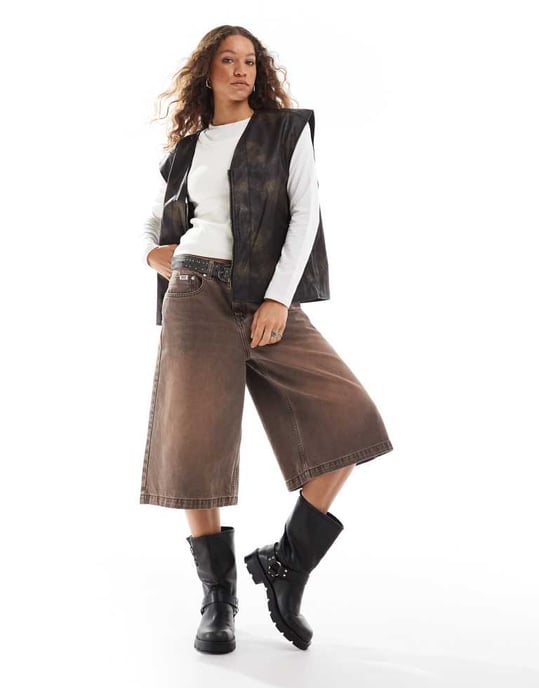 Noisy May faux leather zip thru vest in washed brown - Image 2
