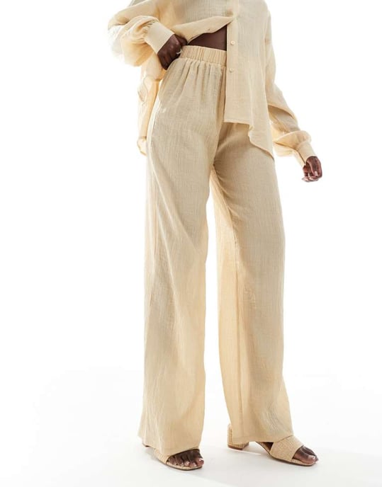 In The Style x Georgia Louise textured wide leg trousers co-ord in beige - Image 3