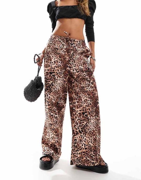 Miss Selfridge poplin wide leg pull on trouser in animal print co ord - Image 1