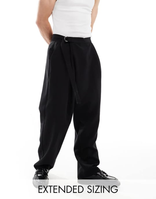 ASOS DESIGN smart wide leg trousers with crossover side belt in black - Image 1