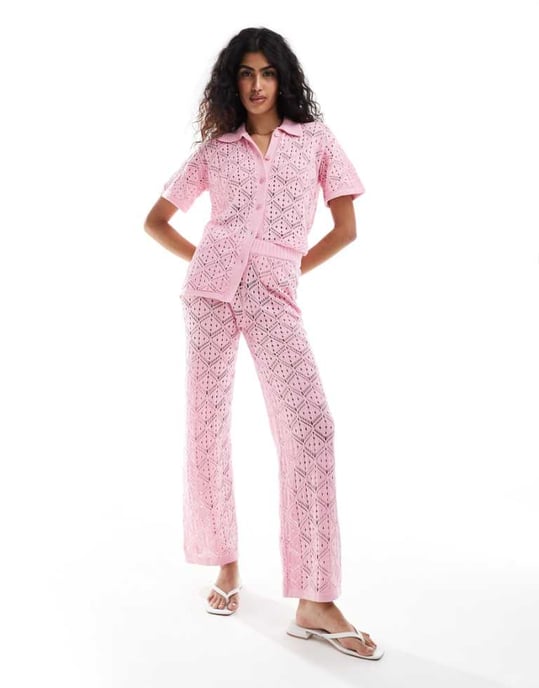The Frolic hibiscus crochet wide leg beach trouser co-ord in bubblegum pink - Image 1