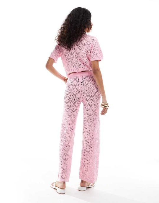 The Frolic hibiscus crochet wide leg beach trouser co-ord in bubblegum pink - Image 2