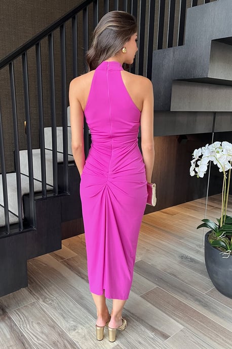 Hot Pink Halter Neck Knot Skirt Midi Dress - Image 4