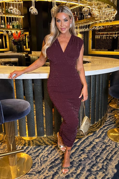 Plum Sparkle Wrap Top Ruched Skirt Midi Dress - Image 1