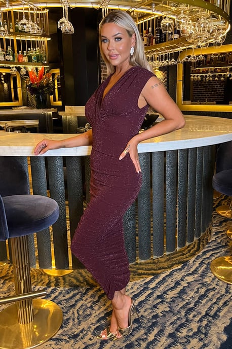 Plum Sparkle Wrap Top Ruched Skirt Midi Dress - Image 3