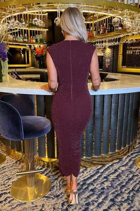 Plum Sparkle Wrap Top Ruched Skirt Midi Dress - Image 4
