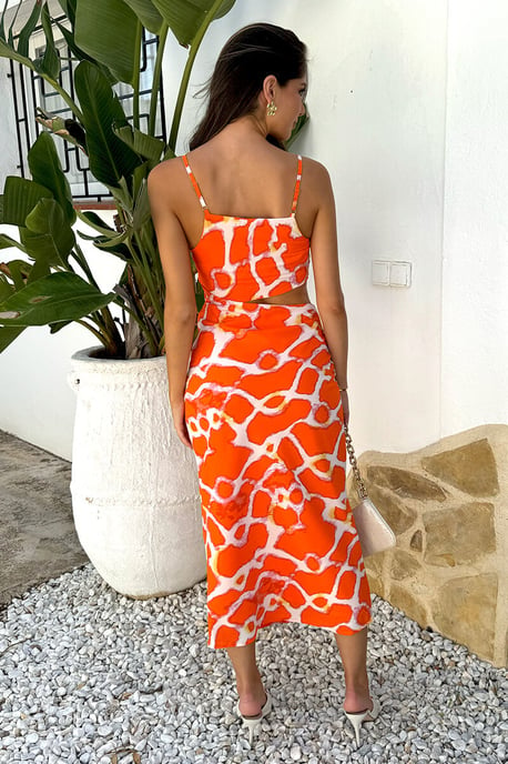 Orange Giraffe Print Asymmetric Cut Out Midi Dress - Image 4