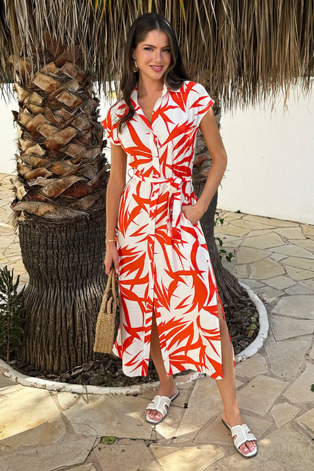 Orange And Cream Tropical Print Tie Waist Shirt Midi Dress - Image 1
