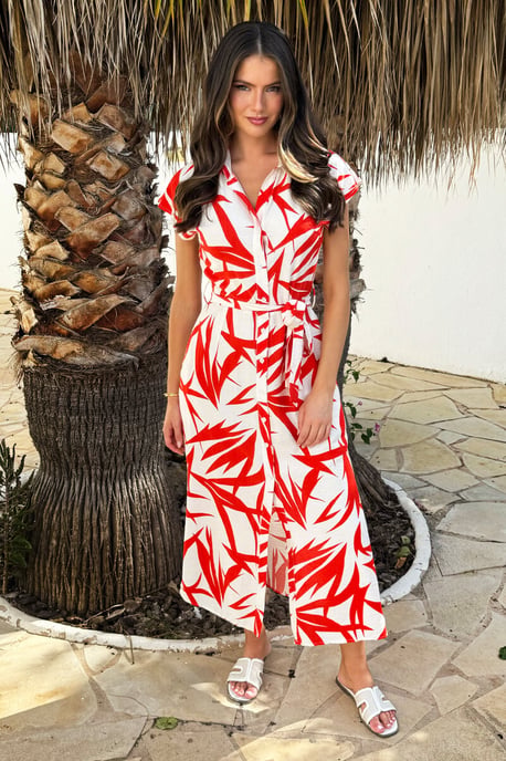 Orange And Cream Tropical Print Tie Waist Shirt Midi Dress - Image 2