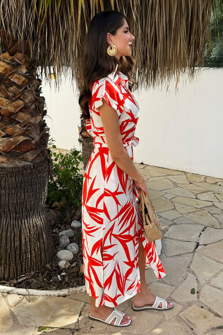 Orange And Cream Tropical Print Tie Waist Shirt Midi Dress - Image 3