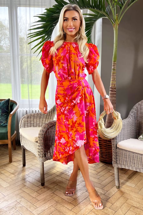 Pink And Orange Floral Printed Short Puff Sleeve Gathered Side Midi Dress - Image 1