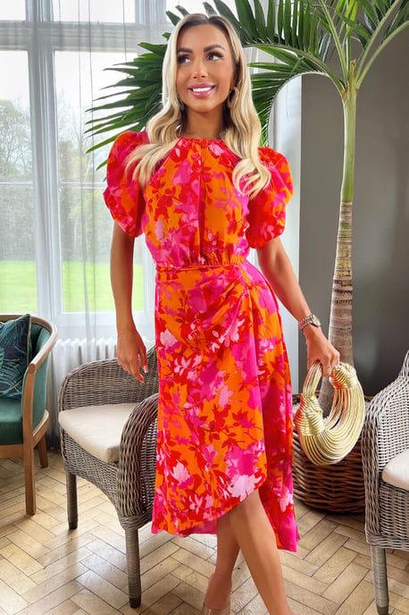 Pink And Orange Floral Printed Short Puff Sleeve Gathered Side Midi Dress - Image 2