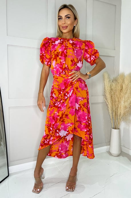 Pink And Orange Floral Printed Short Puff Sleeve Gathered Side Midi Dress - Image 3