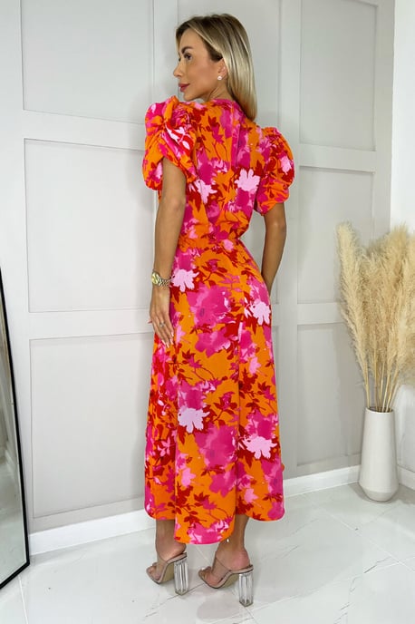 Pink And Orange Floral Printed Short Puff Sleeve Gathered Side Midi Dress - Image 4