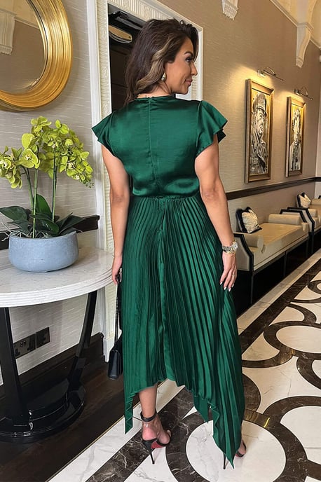 Teal Wrap Top Zig Zag Hem Pleated Midi Dress - Image 4