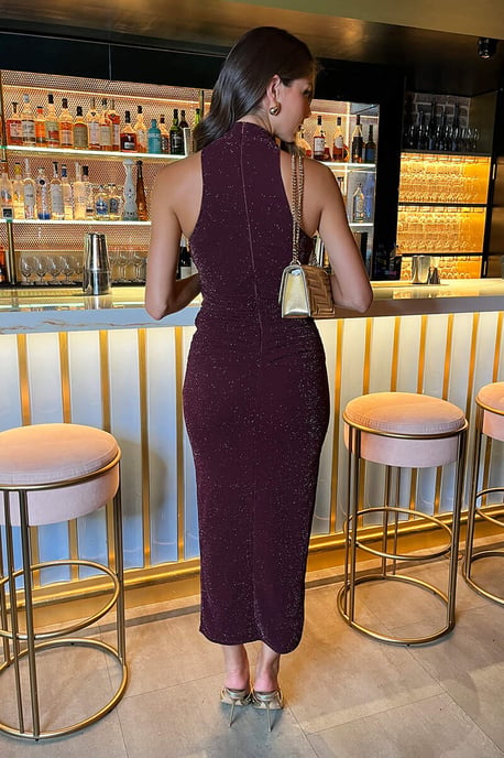 Plum Sparkle Halter Neck Ruched Bodycon Midi Dress - Image 3