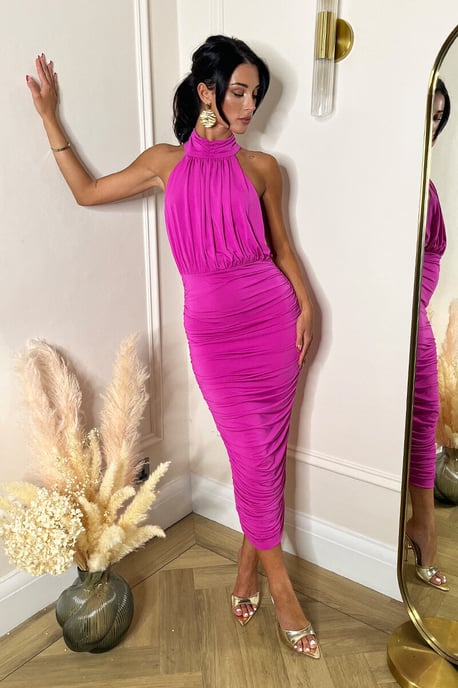 Hot Pink Halter Neck Ruched Bodycon Midi Dress - Image 2