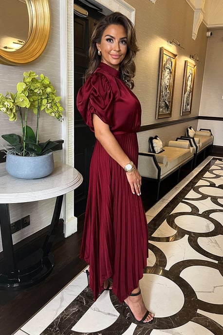 Wine High Neck Puff Sleeve Zig Zag Hem Pleated Midi Dress - Image 2
