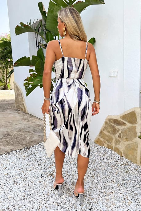 Navy and Cream Stripe Print Strappy Wrap Top Midi Dress - Image 4