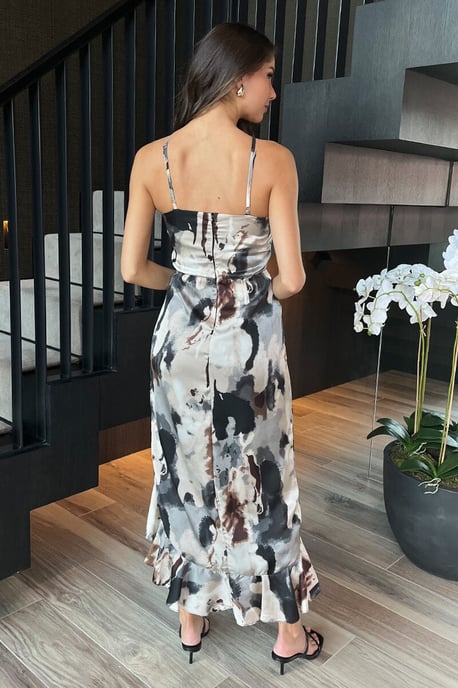 Multi Marble Print Strappy High Low Frill Hem Midi Dress - Image 4