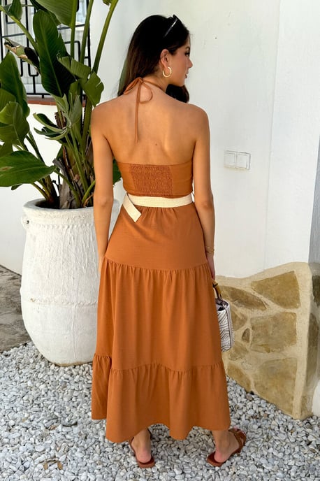 Rust Halterneck Straw Belt Tiered Midi Dress - Image 4