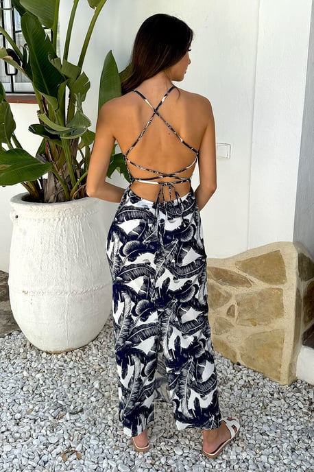 Navy Leaf Print Strappy Tie Back Slip Midi Dress - Image 4
