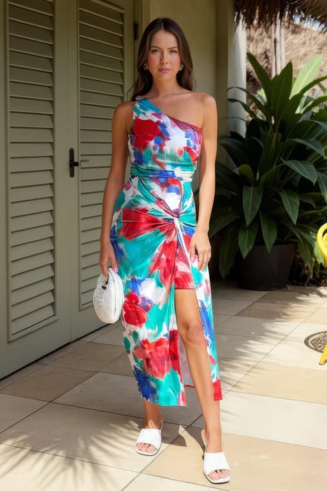 Multi Tie Dye Printed One Shoulder Knot Skirt Midi Dress - Image 1