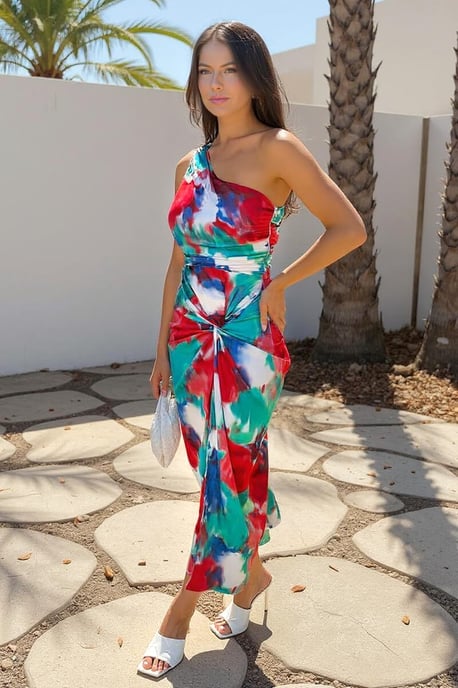 Multi Tie Dye Printed One Shoulder Knot Skirt Midi Dress - Image 2