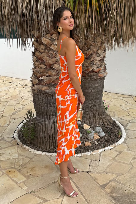 Orange Giraffe Print Racer Neck High Low Frill Hem Midi Dress - Image 3