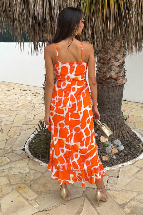 Orange Giraffe Print Racer Neck High Low Frill Hem Midi Dress - Image 4