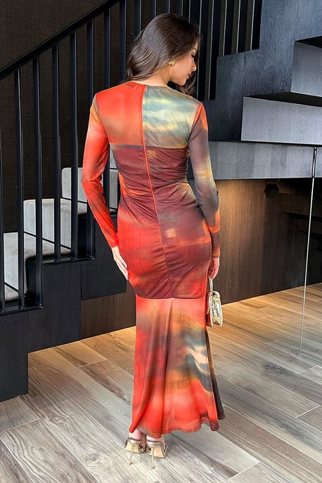 Orange Ombre Mesh Contrast Ruched Front Bodycon Midi Dress - Image 4