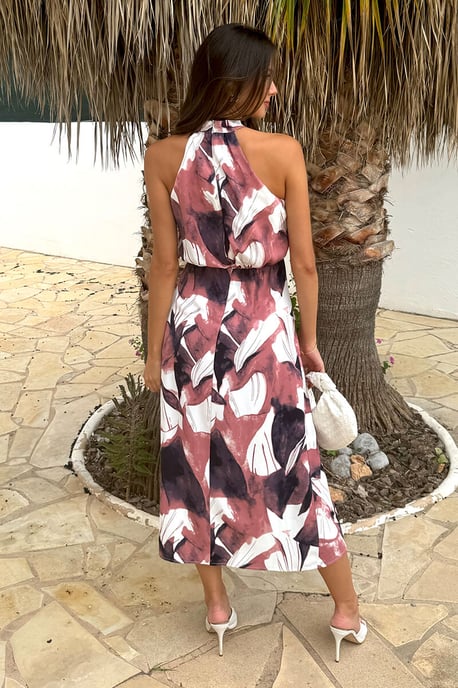 Multi Floral Print Halter Neck High Low Hem Midi Dress - Image 4