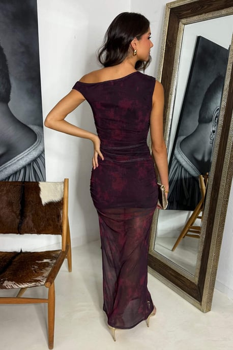 Wine Printed Mesh Off The Shoulder Bodycon Midi Dress - Image 3