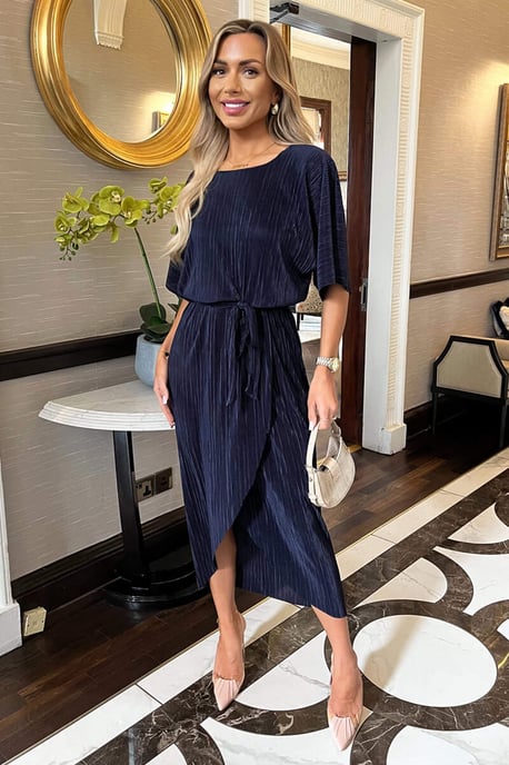 Navy Short Sleeve Tie Waist Plisse Midi Dress - Image 1