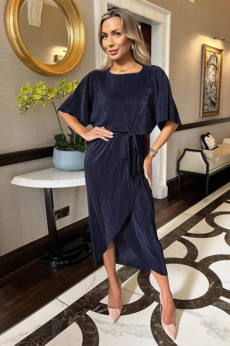 Navy Short Sleeve Tie Waist Plisse Midi Dress - Image 3