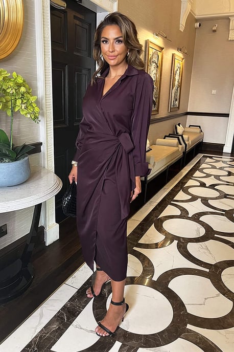 Plum Side Tie Waist Wrap Midi Dress - Image 3