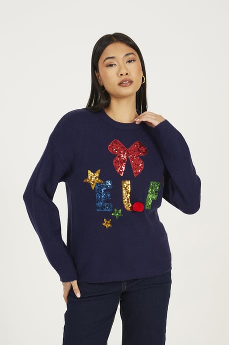 Navy Sequin Embellished Elf Christmas Jumper - Image 1